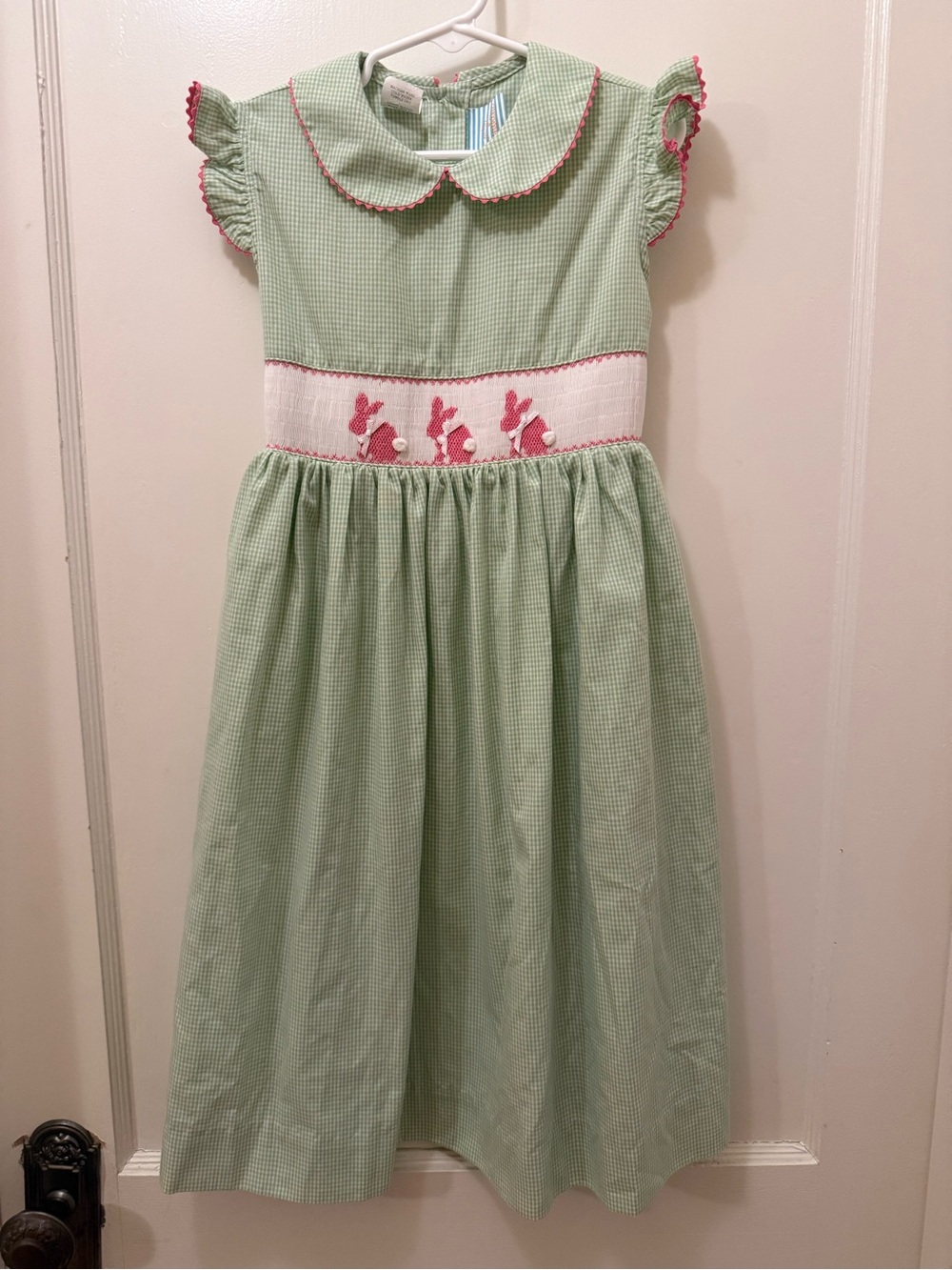 Girls' Green Gingham Smocked Dress with Pink Trim and Bunny Motif